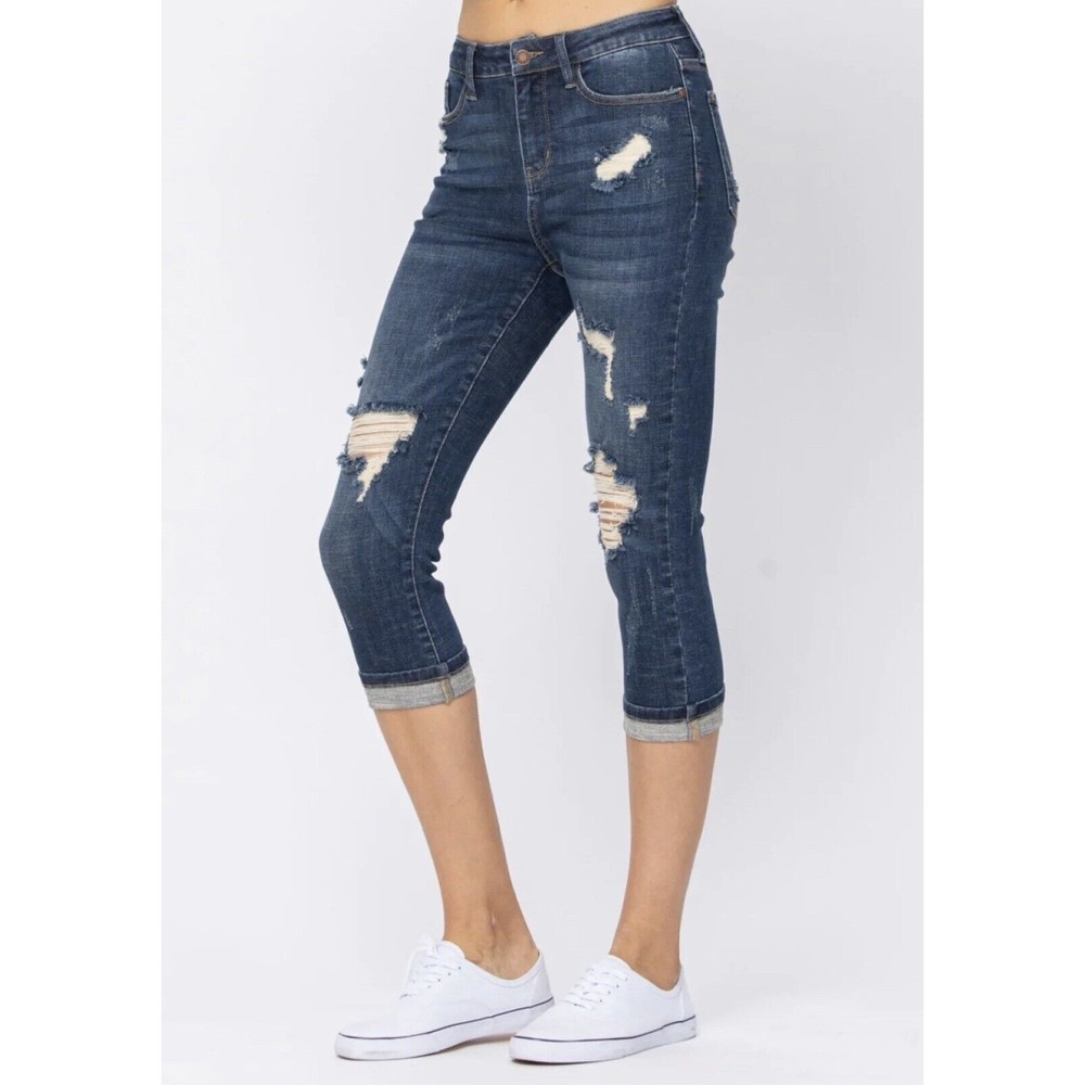 Judy Blue Jeans Womens 5/27 Denim Mid Rise Skinny Fit Capri Distressed Stretch